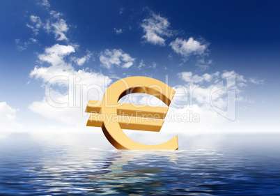 Currency symbols floating in blue sea