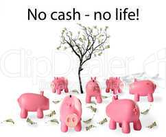 piggy bank and cash leaves