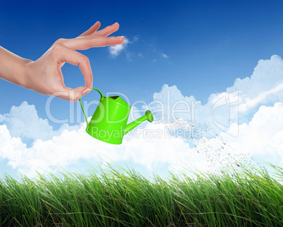 Human hand watering green grass