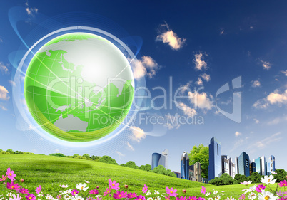 Green nature landscape with planet Earth