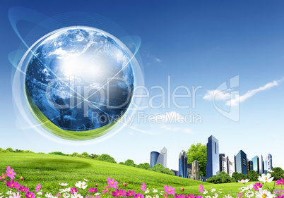 Green nature landscape with planet Earth