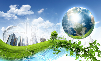 Green nature landscape with planet Earth