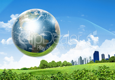 Green nature landscape with planet Earth