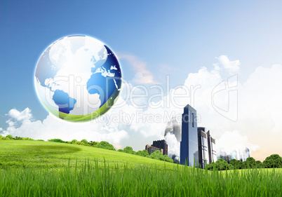 Green nature landscape with planet Earth