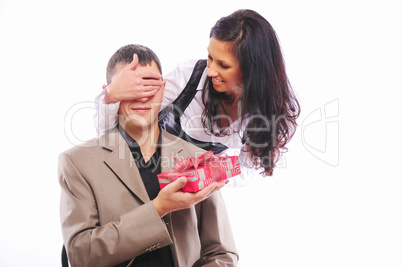 young girl gives her man a gift