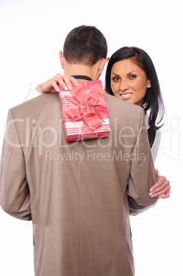 young girl gives her man a gift