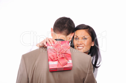 young girl gives her man a gift