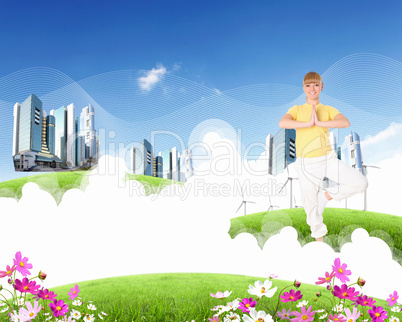 Young woman doing yoga against blue sky