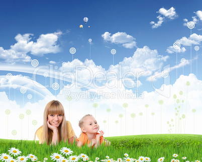 Collage with children and parents on green grass