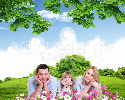 Collage with children and parents on green grass