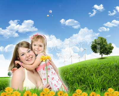 Collage with children and parents on green grass
