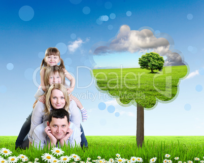 Collage with children and parents on green grass