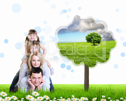 Collage with children and parents on green grass