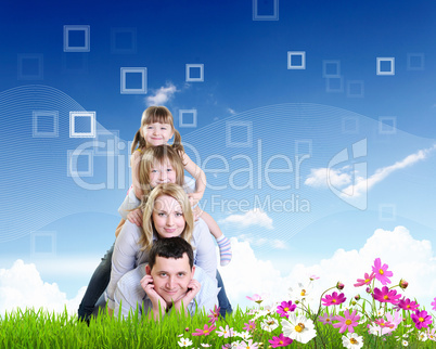 Collage with children and parents on green grass