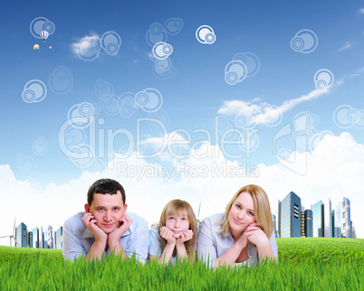 Collage with children and parents on green grass