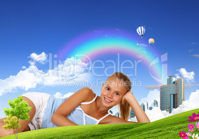 Smiling girl on green grass