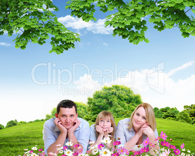 Collage with children and parents on green grass