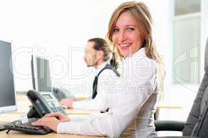 young girl in his office