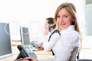 young girl in his office