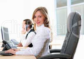 young girl in his office