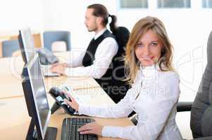 young girl in his office