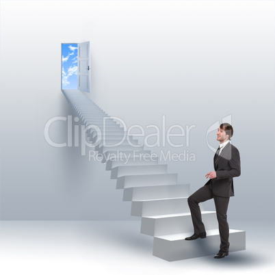 young man climbs the stairs