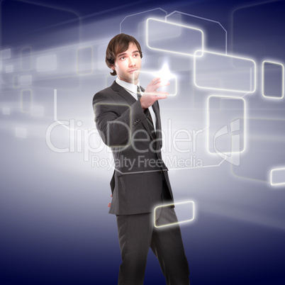 young man touches a virtual surface