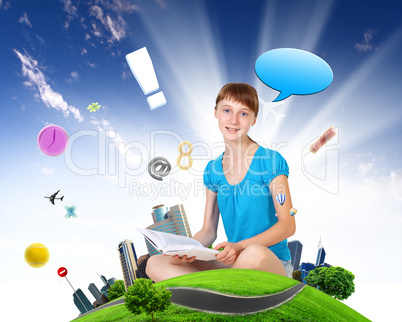 School girl and education objects and symbols