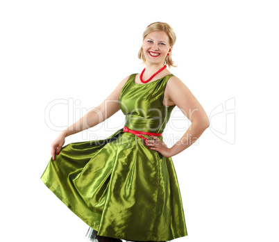 young woman in bright colour dress