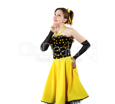 young woman in bright colour dress