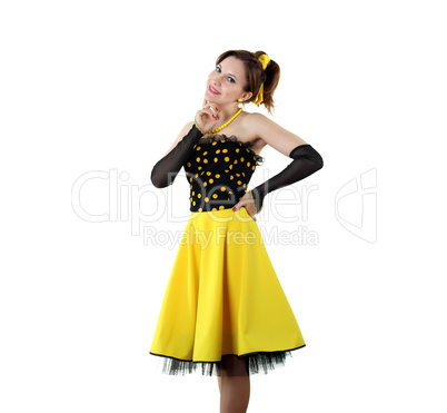 young woman in bright colour dress