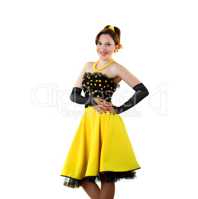 young woman in bright colour dress