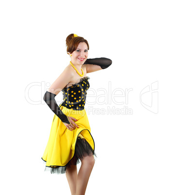 young woman in bright colour dress