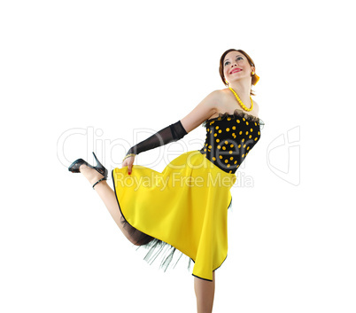 young woman in bright colour dress