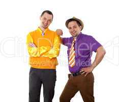 two young man in bright colour wear