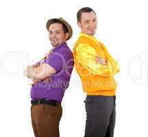 two young man in bright colour wear