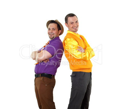 two young man in bright colour wear