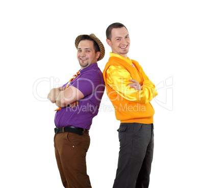 two young man in bright colour wear