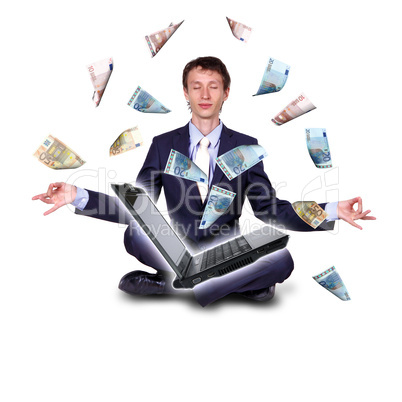 Young businessman with many banknotes