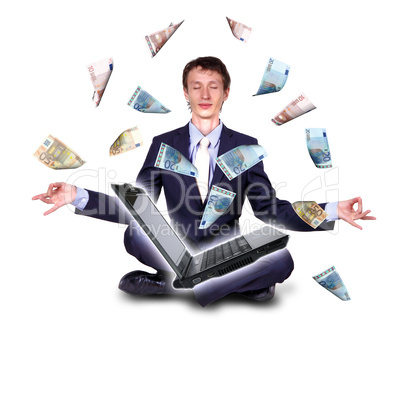 Young businessman with many banknotes