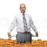 Bald young businessman with a small coin