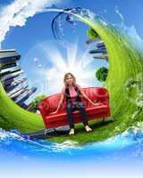 Young woman sitting on sofa nature background