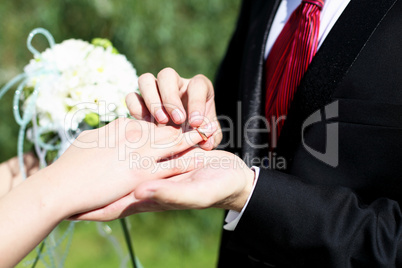 Shot moment when the groom puts the ring