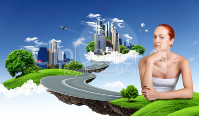 Woman against cityscape and nature