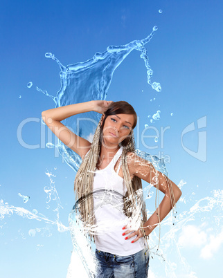 Woman against water background