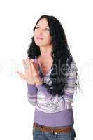 young charming brunette in a lilac sweater