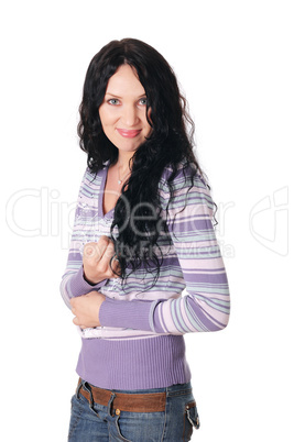 young charming brunette in a lilac sweater