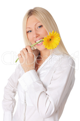 Young smiling blonde in a white shirt