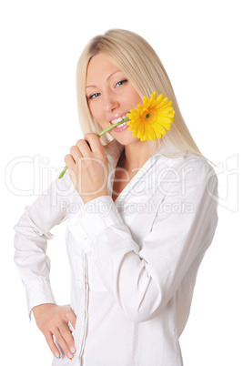 Young smiling blonde in a white shirt