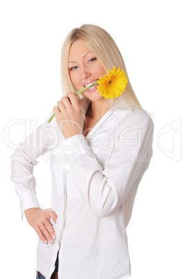 Young smiling blonde in a white shirt